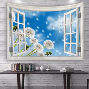 Tapiz de pared con vista de ventana 3D y paisaje de diente de león bajo el cielo azul