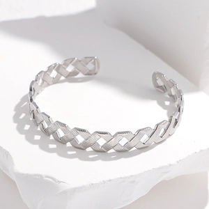 Adjustable hollow geometric C-shaped stainless steel cuff bracelet in silver finish