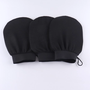 Three-piece set of black exfoliating wash mitts with elastic wrist and hanging loop