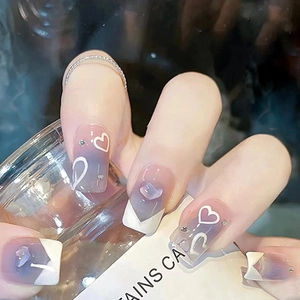 French Blush Blue Gradient Press On Nails With White Heart Pattern And Rhinestones Sweet Style Faux Nails For Women