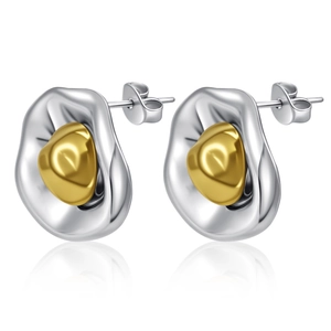 Detailed shot of irregular geometric earrings with two-tone silver and gold steel finish