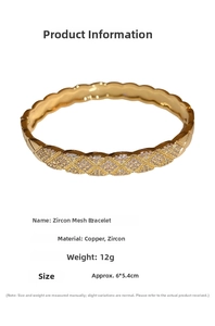 Detailed size chart for the gold zircon grid bangle made of copper with measurements