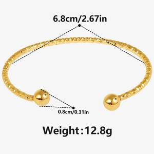 Detail view of 18k gold plated stainless steel open bangle with size and weight metrics