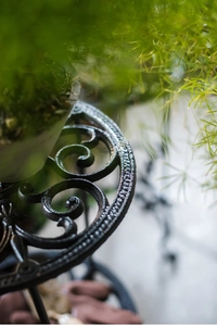 Vue macro d'un support de plante en fonte vintage avec motif floral de volutes