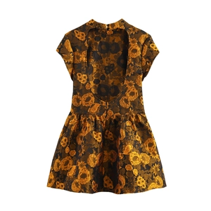 Vintage floral jacquard mini dress with short sleeves and open back design