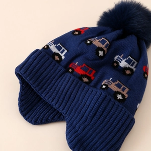 Winter thermal earflap knit hat for boys featuring jacquard cartoon car patterns
