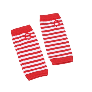 Close-up of red and white striped knitted arm warmers with thumb holes for cosplay costumes