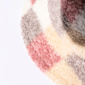 Winter checkered plush bucket hat featuring soft teddy velvet in pink and yellow patches
