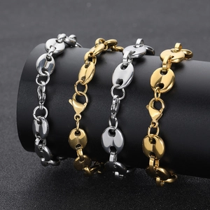 Polished 8mm stainless steel coffee bean link chain bracelets in gold and silver finish