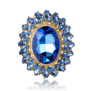 Luxury oval blue crystal sunflower brooch in gold plating with sparkling rhinestones