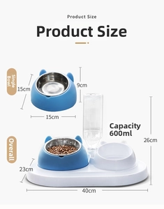 Detailed size chart for stainless steel double pet bowls with automatic water dispenser