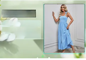 Détail d'une robe maxi jacquard bleu clair avec laçage sur le bustier à volants