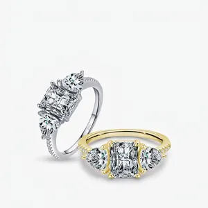 Rectangular Emerald Cut CZ Ring 925 Sterling Silver Radiant Sparkling Pear Side Stones Luxury Jewelry For Women