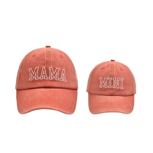 Matching MAMA and MINI embroidered baseball caps in vintage washed red cotton