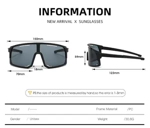 Detailed size specifications for unisex oversized cycling sports sunglasses