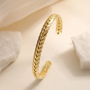 Minimalist 18K gold plated stainless steel open bangle with wheat braid texture