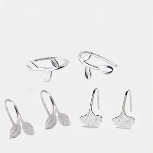 S999 Fine Silver Leaf Stud Earrings Ginkgo Leaf Design Minimalist Japanese Style Niche Artistic Earrings For Women