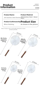 Detailed size chart for 304 stainless steel colander with wood-style handle