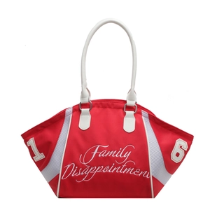 Red bowling handbag with white handles and Family Disappointment embroidery for travel