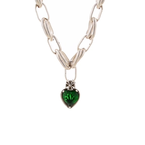 Vintage silver chain bracelet with heart-shaped green zircon and cross design