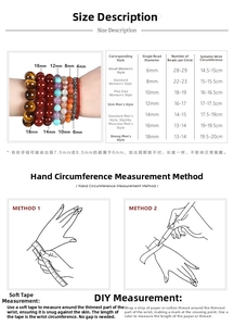 Size chart for natural stone beaded bracelets showing bead diameter and wrist measurements