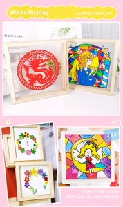 Detail of DIY wooden frames with clear acrylic panels showing dragon and floral paper art