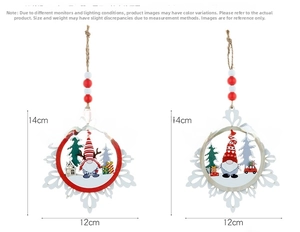 Close-up of 14x12cm 3-tier wooden snowflake ornaments with gnome design and red beads