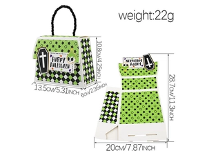 Halloween gift box details showing product dimensions and assembly structure in green plaid