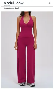 Detail of raspberry red brushed yoga set with halter v-neck top and wide-leg pants