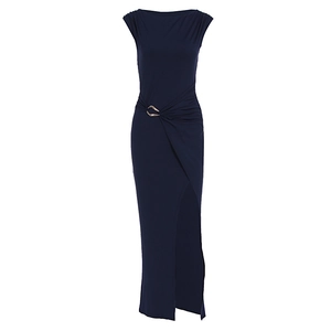 Detail of midnight blue slim dress featuring a gold waist ring and elegant side slit