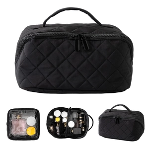 Large capacity black quilted waterproof makeup bag and toiletry case for women