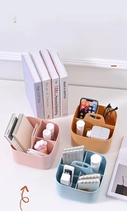 Detail of multi-compartment plastic desk organizer with handle in various pastel colors