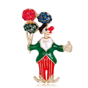 Vintage gold clown brooch with colorful enamel balloons and sparkling rhinestones