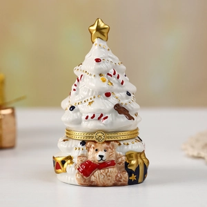 Ceramic Christmas tree trinket box with a teddy bear and festive gift box design