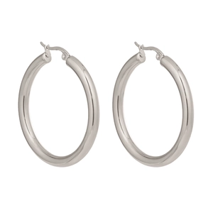 Macro shot of silver tube hoop earrings with hinged snap-back closure and polished finish