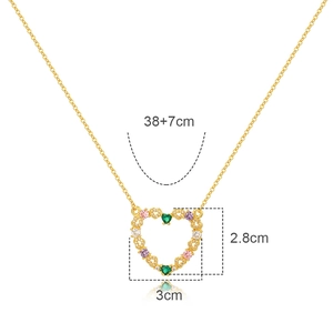 Gold heart pendant necklace with colorful emerald cut zircons, size 3cm by 2.8cm