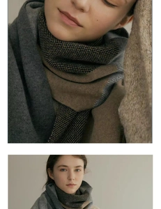 Detail of grey and camel houndstooth knit scarf showing soft texture and bicolor pattern