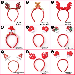 Detailed view of nine festive Christmas headbands including reindeer antlers and snowmen