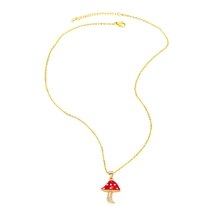 Gold heart mushroom pendant necklace with red enamel and white zircons on a fine chain