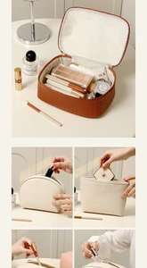 Detail of woven texture makeup bags in brown and beige colors for travel storage