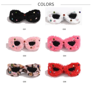 Matrix view of cat eye sunglasses with fur trim and rhinestones in six colors