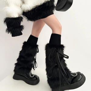 Jambières en Fausse Fourrure Y2K pour Femmes Sweet Lolita Nœud à Lacets Pelucheuses Couvre-Bottes en Acrylique Hiver Chaud Brodé