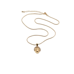 Detail of gold snake chain with Virgin Mary oval pendant and zircon stones