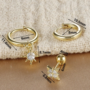 Detail view of gold star earrings set showing precise size measurements in millimeters