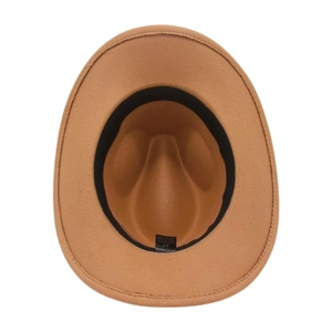 Top view of brown wool felt cowboy hat interior showing sweatband and size 57 label