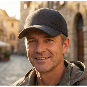 Close-up of winter wool blend baseball cap featuring sport metal label and warm earflaps