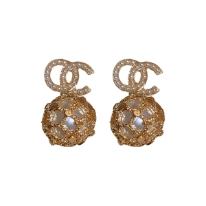 French style silver needle pearl letter earrings with rhinestone gold sphere design