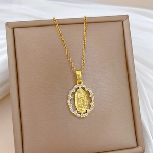 Titanium steel necklace with gold oval portrait pendant surrounded by crystals