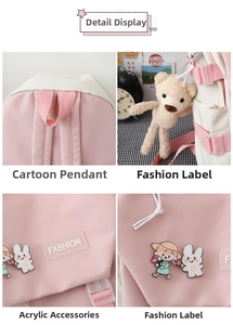 Details des rosa-weißen Schulrucksacks mit süßem Bärenanhänger und modischen Ansteckern