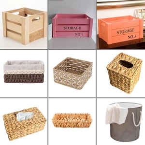 Collection of handmade woven wicker storage baskets and wooden boxes for home organization